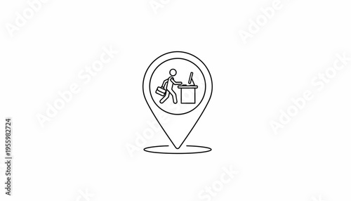 Office Location Pin Icon: Person Arriving at Work Desk with Briefcase