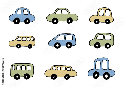 自動車などの身近な乗り物のゆるい手描きイラストセット（ナチュラルな色合い）