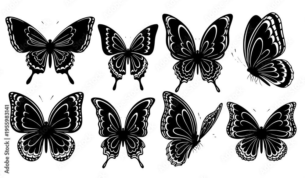 Fototapeta premium Decorative Butterfly Silhouette Collection Black Wing Vector Set