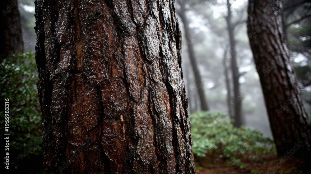 Obraz premium Textured bark of an old fir tree's rough surface in a foggy forest setting