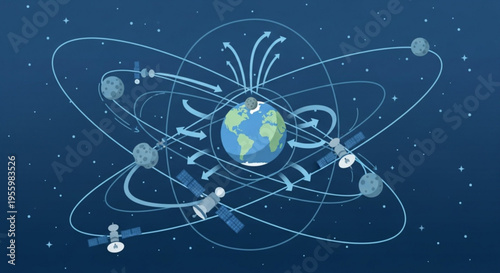 Satellites orbiting earth in space with orbital paths and trajectories around the globe