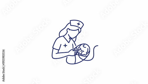 Nurse Caring for Newborn Baby with Oxygen Mask, Medical Care Line Art Icon