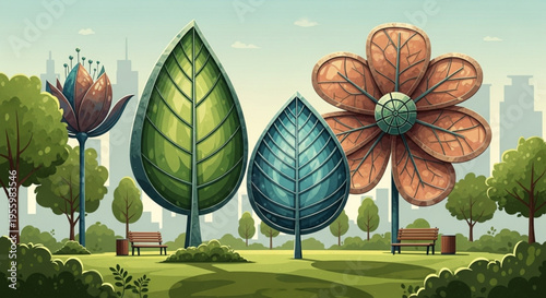 Large metallic leaves and flowers in a city park with benches and trees