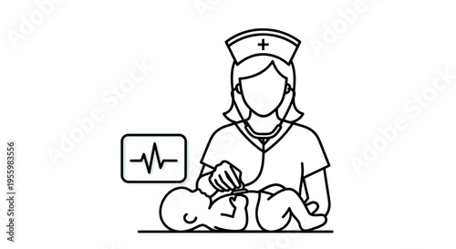 Nurse checking newborn baby's heartbeat with stethoscope and monitor
