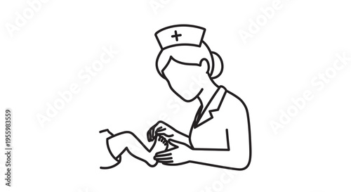 Nurse checking patient's foot, medical care, healthcare icon, line art