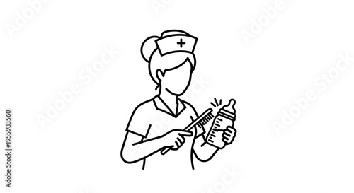 Nurse cleaning baby bottle with brush, hygiene and healthcare concept, line art illustration