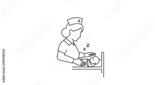 Nurse comforting sleeping baby in crib, gentle care and medical assistance concept