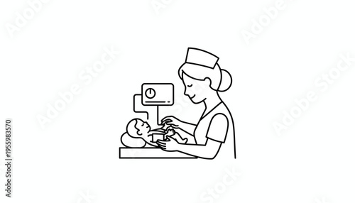 Nurse examining newborn baby on medical scale, line art illustration