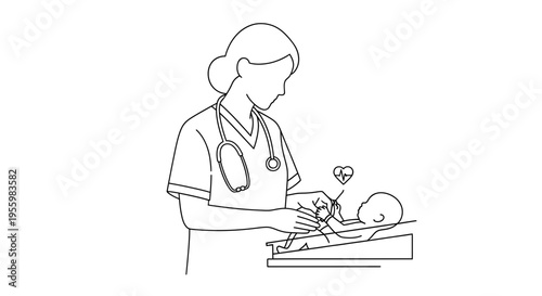 Nurse examining newborn baby with heart monitor, medical care, health check, line art