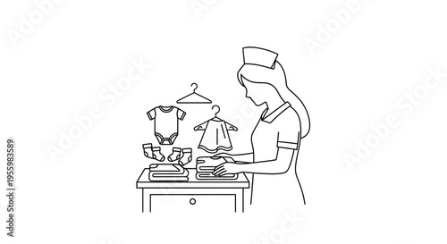 Nurse folding baby clothes on table, healthcare, newborn care, maternity, domestic chores