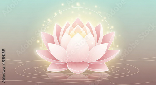 Pink lotus flower in water with glowing light serene peaceful background symbolizing spiritual growth and enlightenment