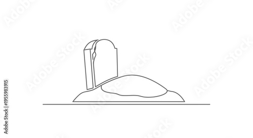 Minimalist single line drawing of a tombstone on a grave mound, cemetery scene, gothic, Halloween