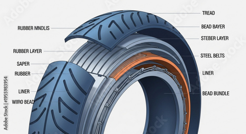 Detailed tire cross section diagram showing inner layers and components