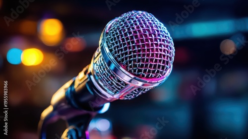 Polished Silver Microphone Grille Capturing Sound on a Vibrant Stage With Bokeh Lights