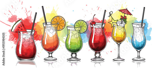 Colorful cocktail drinks illustration set watercolor splash tropical beverage collection
