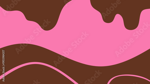 Sweet melting chocolate and pink strawberry icing glaze background. Melted syrup or dripping liquid sauce. Minimalist sweet chocolate and strawberry pink background. Minimalist wavy background.