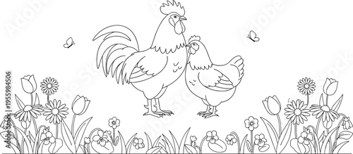Beautiful line art illustration of a rooster and hen standing in a spring flower garden with tulips and daisies for adult coloring book pages