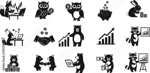 Business animal finance silhouette set featuring fox owl bear and raccoon characters trading stocks saving money in piggy bank and analyzing growth charts for investment design