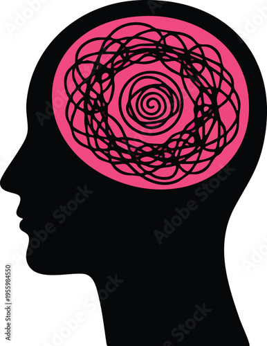 Overthinking and anxiety concept with spiral tangled thoughts inside head silhouette
