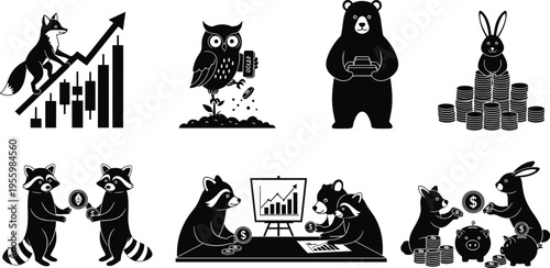 Business animal financial character set featuring fox trading stocks owl harvesting money rabbit with coin stacks and bear analyzing growth charts for investment and banking design