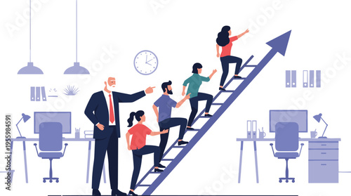 Business leadership and career growth vector illustration with mentor guiding employees up a success ladder in office workspace for professional development flat design.