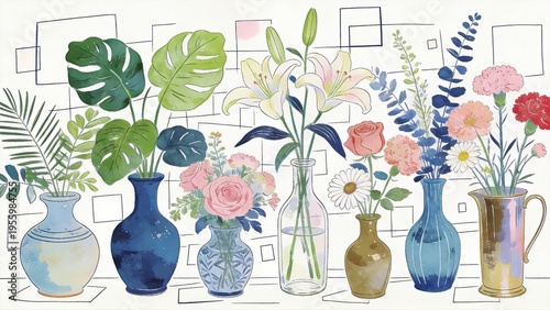 Vases with flowers and plants