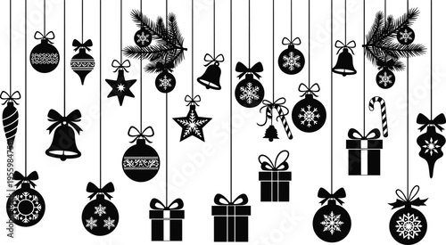 Christmas hanging ornament silhouette set featuring festive baubles stars gift boxes bells candy canes and pine branches for holiday season winter celebration and card design