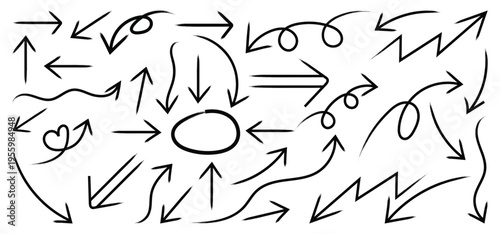 Set of hand drawn arrow. Hand drawn brush stroke arrow set. Doodle arrows of various shapes and directions. vector illustration 