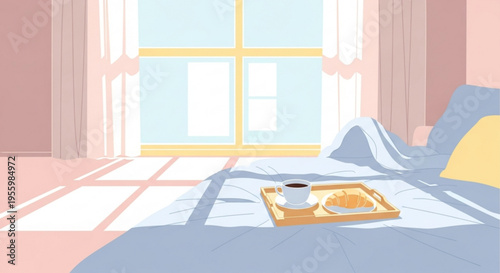 Breakfast on bed with coffee and pastry sunny morning room interior