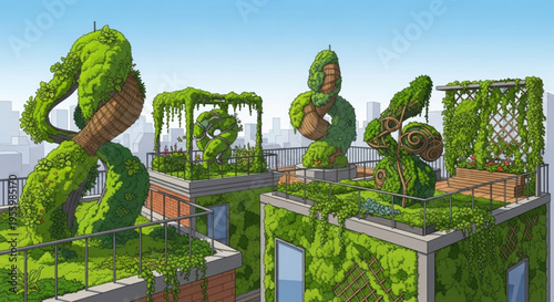 Green rooftop garden with sculpted hedges and cityscape background showcasing urban gardening and sustainable living concepts
