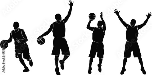 basketball, player, silhouette, dribbling, shooting, jumping, sport, athlete, motion, action, pose, game, isolated, black, vector, illustration, dynamic, activity, collection, set