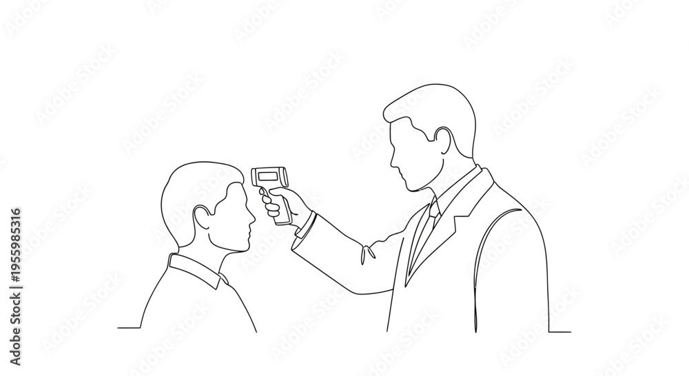 Obraz premium Doctor taking temperature with infrared thermometer, health screening, preventing virus spread