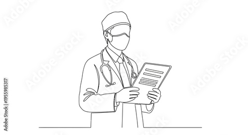 Doctor in Medical Mask and Stethoscope Holding Medical Chart, Continuous Line Drawing