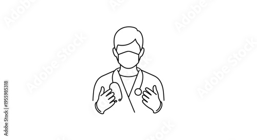 Doctor wearing face mask with stethoscope, medical professional, healthcare worker, line art illustration