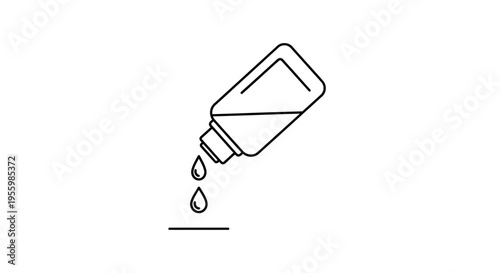Dropper bottle pouring liquid drops onto surface, simple line art icon