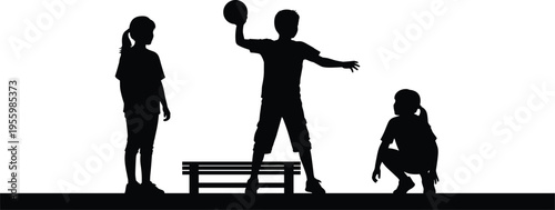 children, silhouette, playing, ball, kids, outdoor, activity, park, bench, friendship, fun, childhood, group, motion, pose, isolated, black, vector, illustration, lifestyle