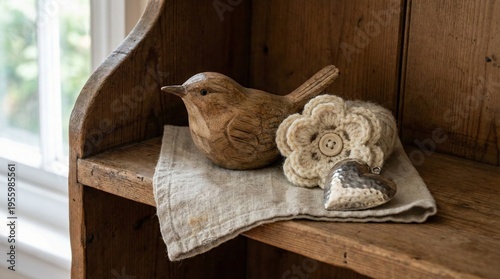 Photo of Domestic Trio. A wooden bird, crocheted flower, an