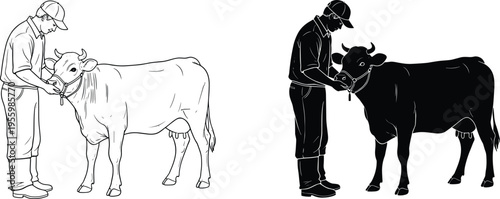 Farmer Cow Vector Illustration flavector Line Art Silhouette of Male Breeder with Cattle for Agriculture Dairy Farm and Livestock Branding