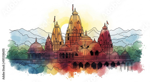 Hindu temple complex with multiple spires and towers near serene water body at sunset