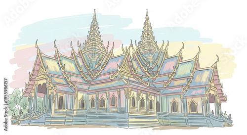 Ornate southeast asian temple with pointed roofs and towers architecture