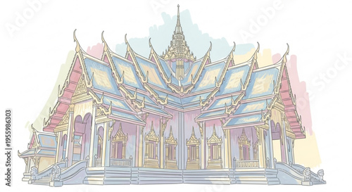 Ornate thai temple with multi colored roof and golden accents on white background illustration of traditional architecture