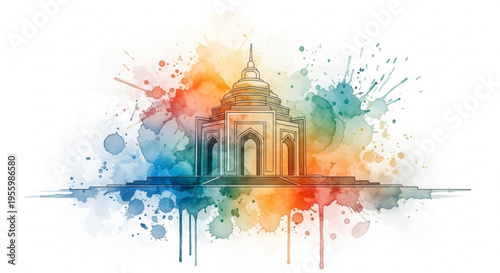 Vibrant watercolor temple with colorful splashes on white background for travel and architecture concepts