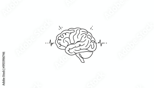 Abstract brain illustration with heartbeat line, symbolizing thought, intelligence, and health