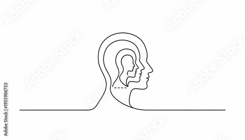 Abstract concept of nested human heads in continuous line art, symbolizing thoughts, consciousness, and inner self.