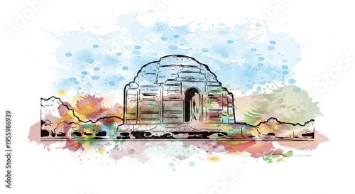 Vibrant illustration of an igloo with colorful watercolor background and mountain range