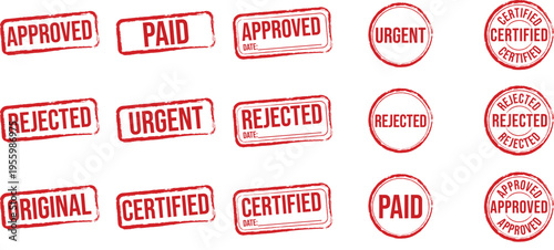 Office corporate rubber stamps collection featuring business document approval tools, official company seals, professional stationery supplies, and classic ink pad accessories for authentication