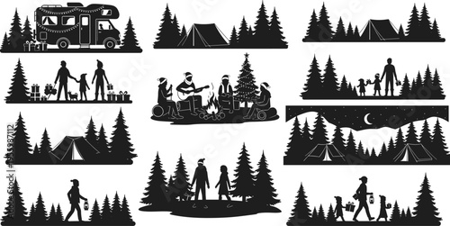 Family camping silhouette vector set featuring camper van tent forest pine trees campfire guitar playing and hiking for outdoor adventure nature travel and recreation design