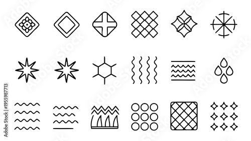 An array of thirty-two minimalist white line icons displays fabric textures and textile processing methods arranged on a black background.