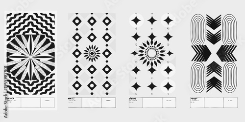 Four vertical panels displaying abstract black and white geometric patterns
