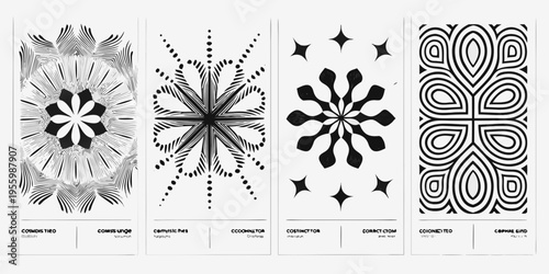 Four abstract black and white patterns arranged vertically in rectangular frames